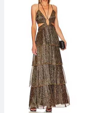 Line & Dot Metallic Bronze Tiered Cutout Maxi Dress - Women